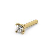 14k yellow gold princess-cut diamond nose bone stud, angled view showing straight post with ball end