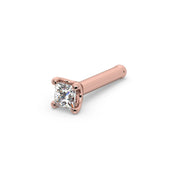 14k rose gold princess-cut diamond nose bone stud, angled view showing straight post with ball end