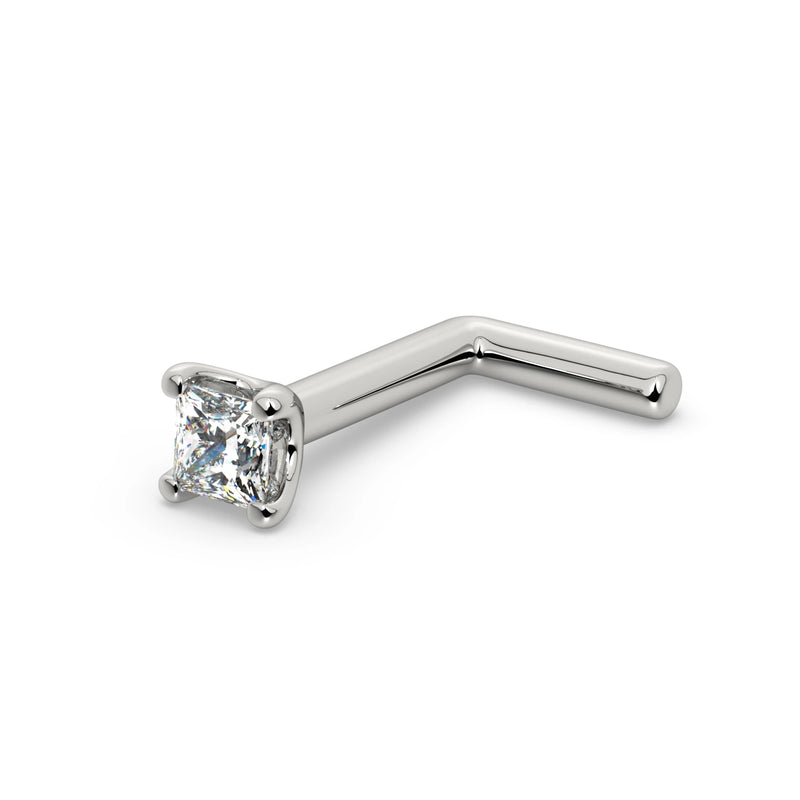 14k white gold princess-cut diamond L-post nose ring, side view showing angled L-shaped backing