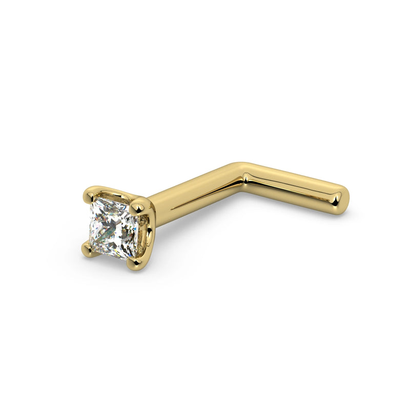 14k yellow gold princess-cut diamond L-post nose ring, side view showing angled L-shaped backing