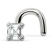 14k white gold Asscher diamond nose ring with twist screw backing, front-facing view