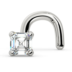 14k white gold Asscher diamond nose ring with twist screw backing, front-facing view