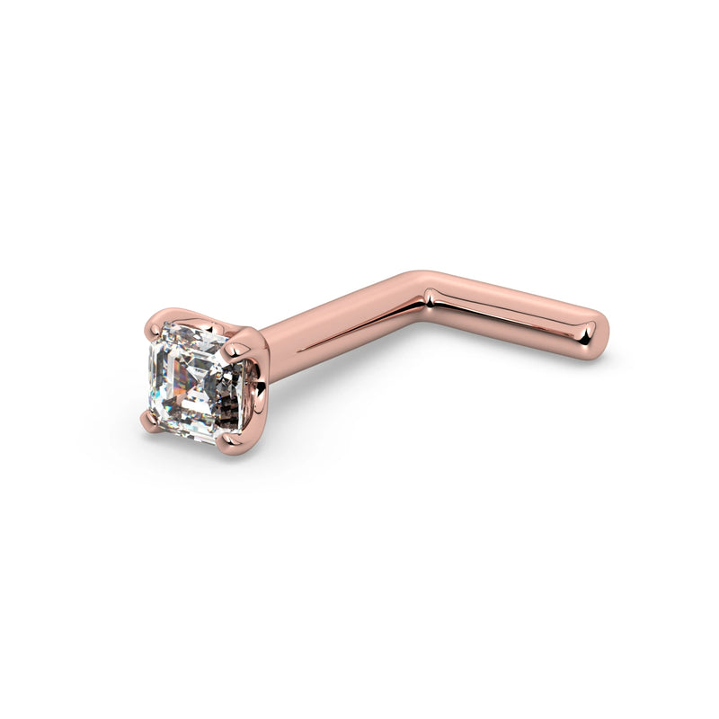 14k rose gold Asscher-cut diamond nose ring with L-post backing, angled side view