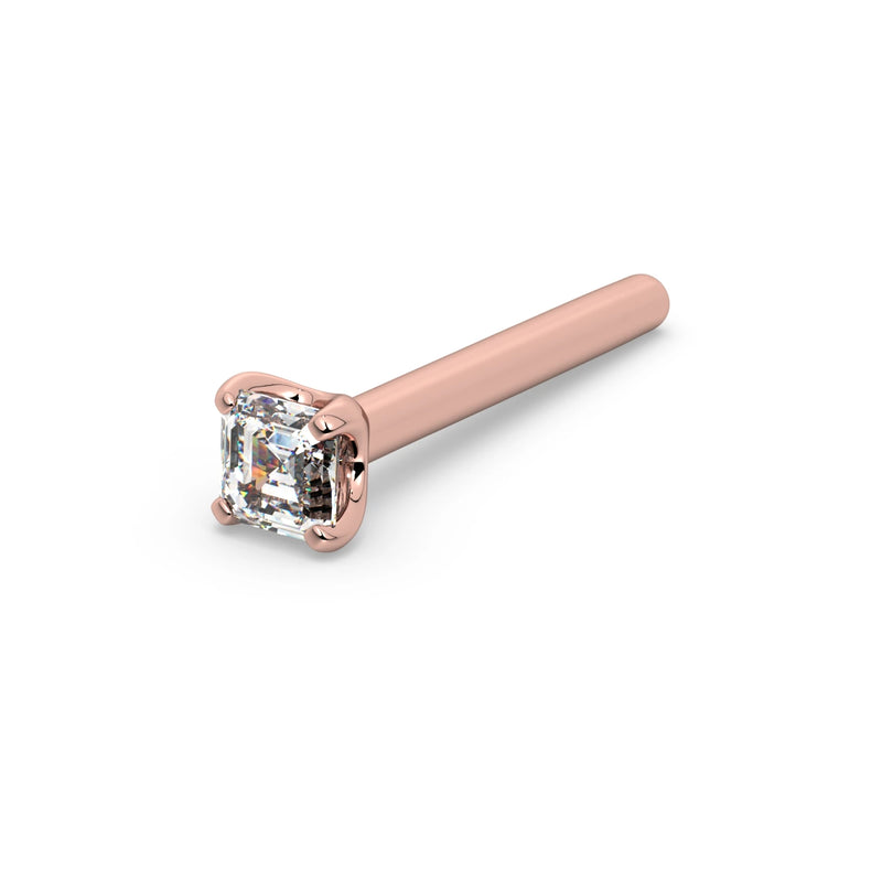 14k rose gold Asscher-cut diamond nose stud, straight post style, larger angled view of prong detail