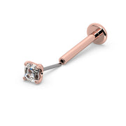 14k rose gold Asscher diamond flat back labret showing threadless push-pin end separated from post