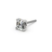 14k white gold 2mm Asscher-cut diamond push-pin end only, close-up showing geometric step-cut facets