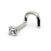 14k white gold Asscher diamond nose ring with twist screw backing, angled side view