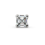 14k white gold 2mm Asscher-cut diamond labret end, straight front view showing stepped facets and four-prong setting