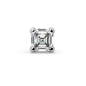 14k white gold 2mm Asscher-cut diamond labret end, straight front view showing stepped facets and four-prong setting