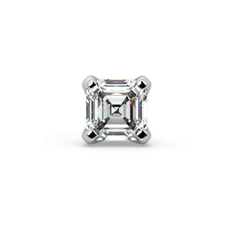 14k white gold 2mm Asscher-cut diamond labret end, straight front view showing stepped facets and four-prong setting