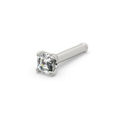 14k white gold Asscher diamond nose ring with straight bone post, angled view showing post length