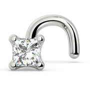 14k white gold 2mm princess-cut diamond nose ring with twist screw backing, angled view