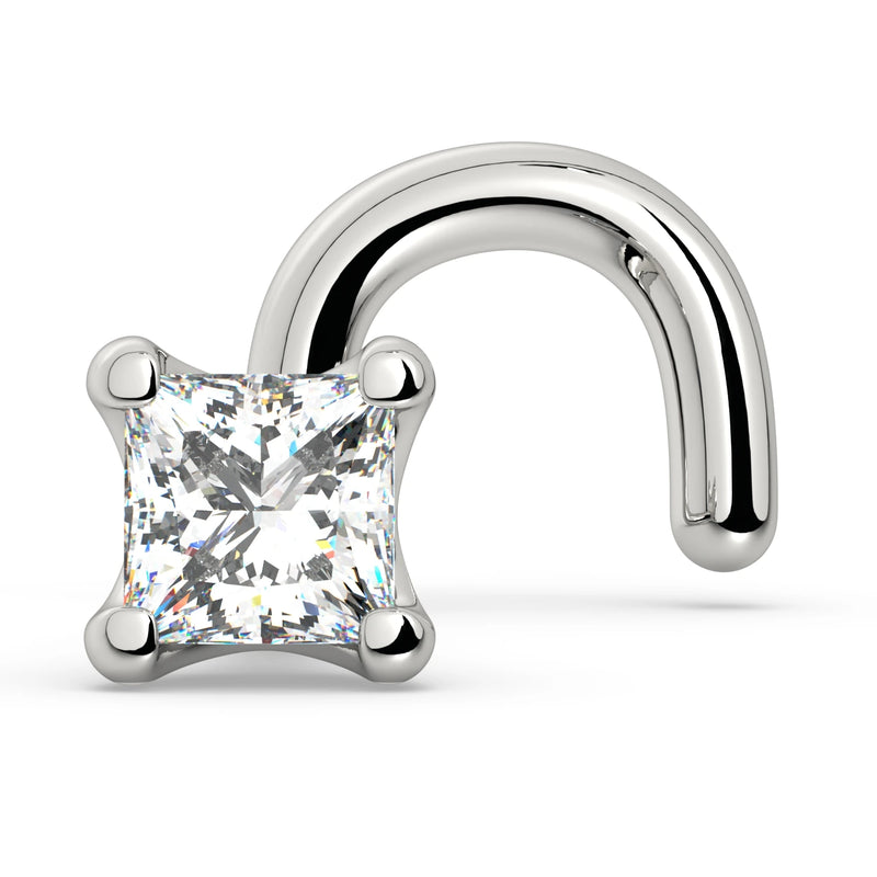 14k white gold 2mm princess-cut diamond nose ring with twist screw backing, angled view
