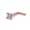 14k rose gold 2mm princess-cut diamond nose ring with L-post backing, angled view