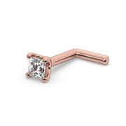 14k rose gold 2mm princess-cut diamond nose ring with L-post backing, angled view