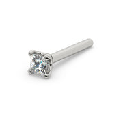 14k white gold 2mm princess-cut diamond nose ring with straight post backing, angled view