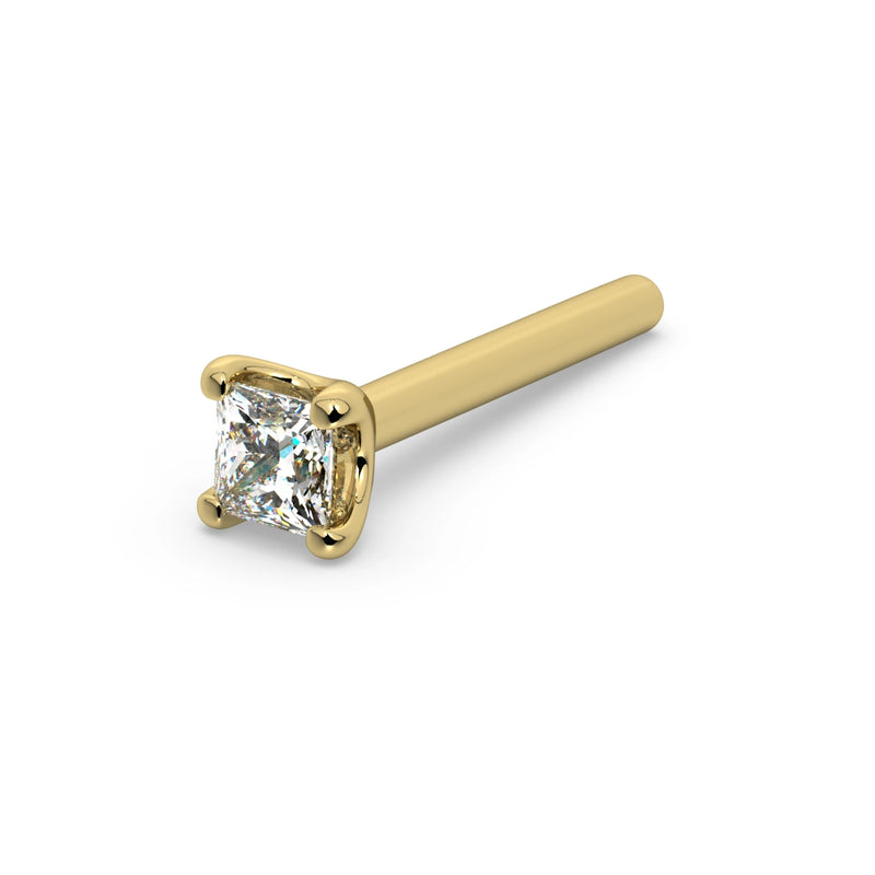 14k yellow gold 2mm princess-cut diamond nose ring with straight post backing, angled view