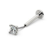 14k white gold 2mm princess-cut diamond flat back labret, angled view showing post and flat disc backing