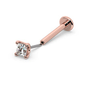 14k rose gold 2mm princess-cut diamond flat back labret stud, angled view with flat disc backing visible