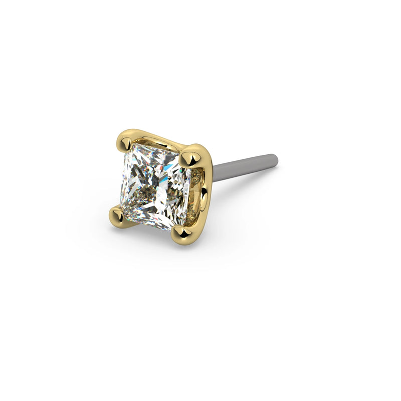 14k yellow gold 2mm princess-cut diamond push-pin end only, angled view with titanium pin and prong detail
