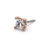 14k rose gold 2mm princess-cut diamond push-pin end only, angled view showing four-prong setting and pin