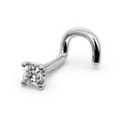 14k white gold 2mm princess-cut diamond nose ring with twist screw backing, side profile view