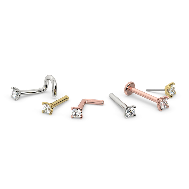 2mm princess-cut diamond nose ring in yellow, rose, and white gold across multiple backing styles
