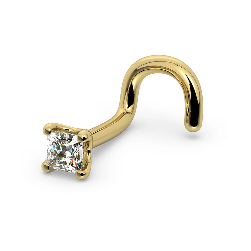 14k yellow gold 2mm princess-cut diamond nose ring with twist screw backing, angled view