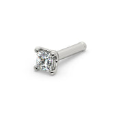14k white gold 2mm princess-cut diamond nose ring with bone-style straight post, angled view