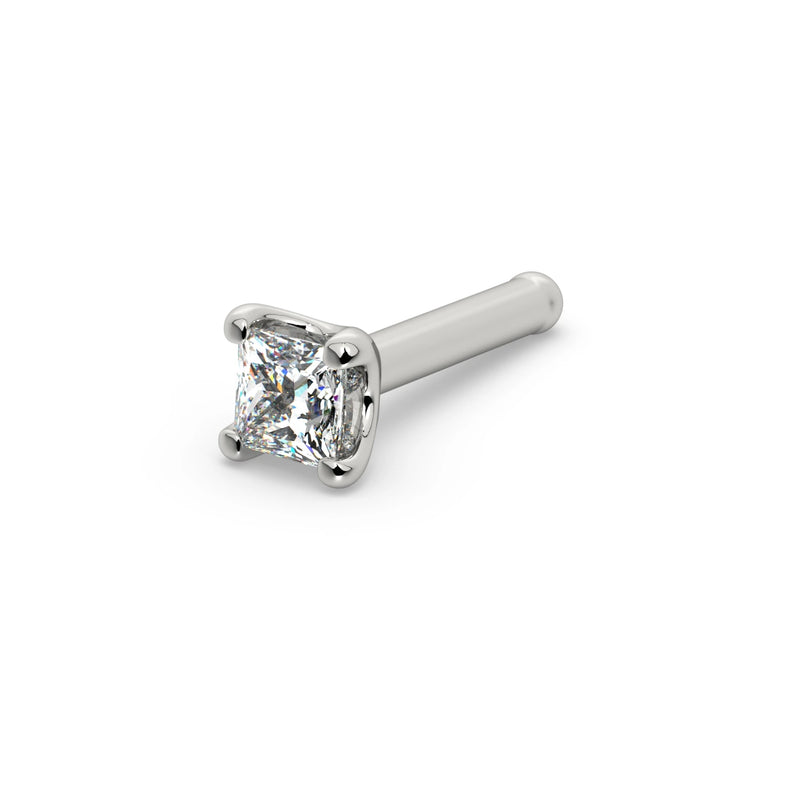 14k white gold 2mm princess-cut diamond nose ring with bone-style straight post, angled view