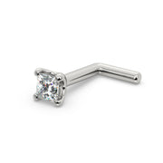 14k white gold 2mm princess-cut diamond nose ring with L-post backing, angled view