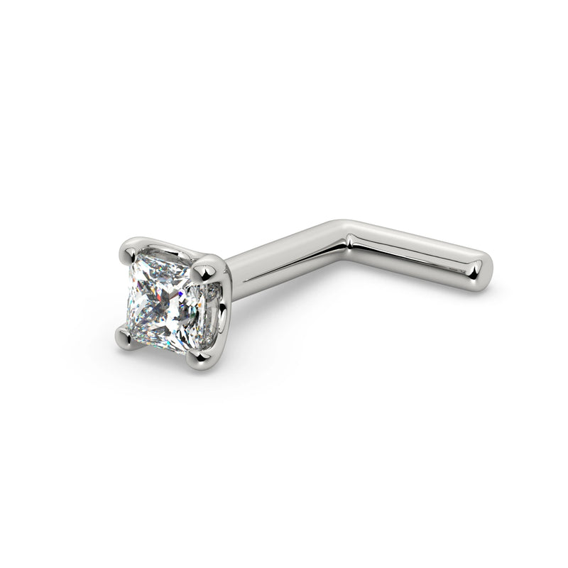 14k white gold 2mm princess-cut diamond nose ring with L-post backing, angled view