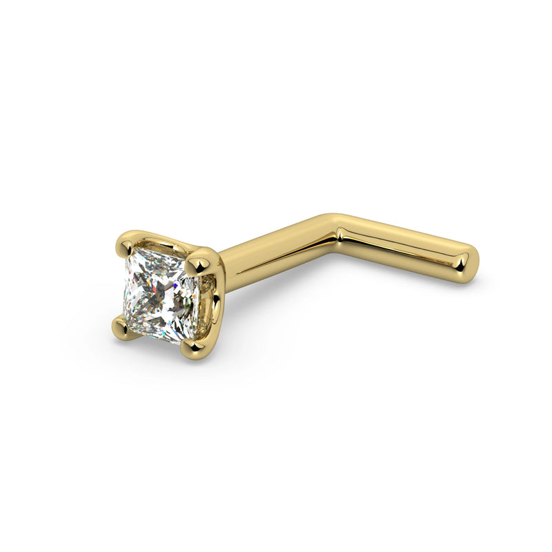 14k yellow gold 2mm princess-cut diamond nose ring with L-post backing, angled view