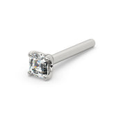 14k white gold Asscher-cut diamond straight post nose stud, angled view showing post and prong setting