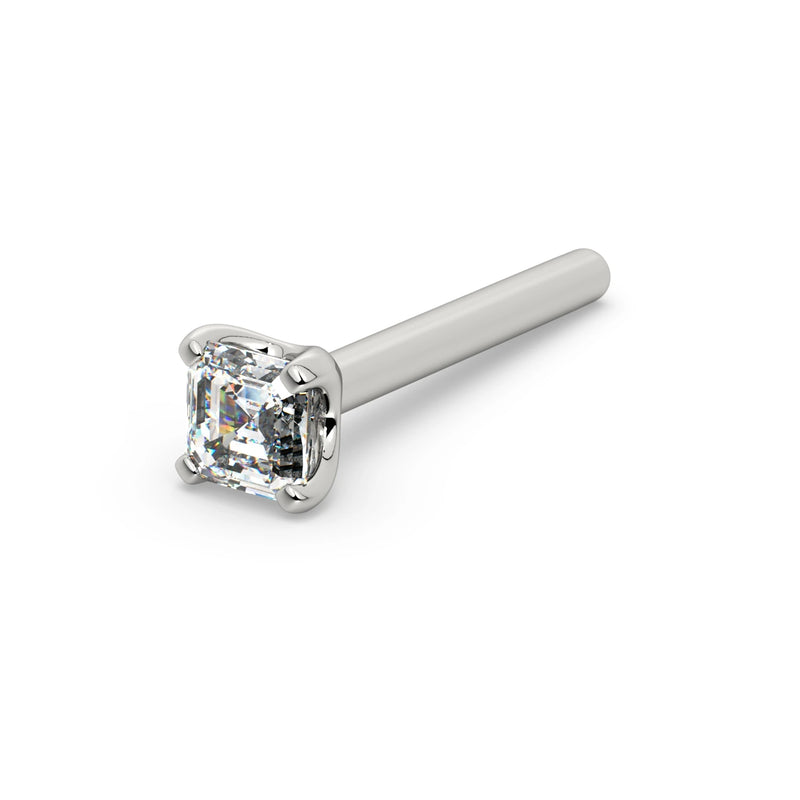 14k white gold Asscher-cut diamond straight post nose stud, angled view showing post and prong setting