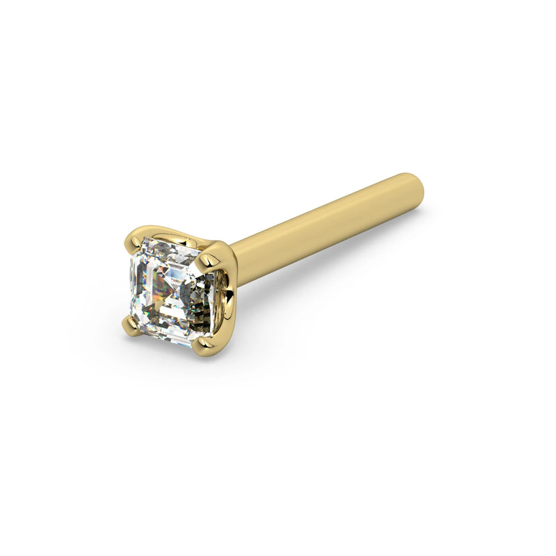 14k yellow gold Asscher-cut diamond straight post nose stud, angled view showing post length