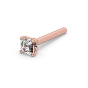14k rose gold Asscher-cut diamond straight post nose stud, angled view showing post length