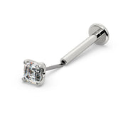 14k white gold Asscher-cut diamond threadless push-pin labret, angled view showing bent titanium pin