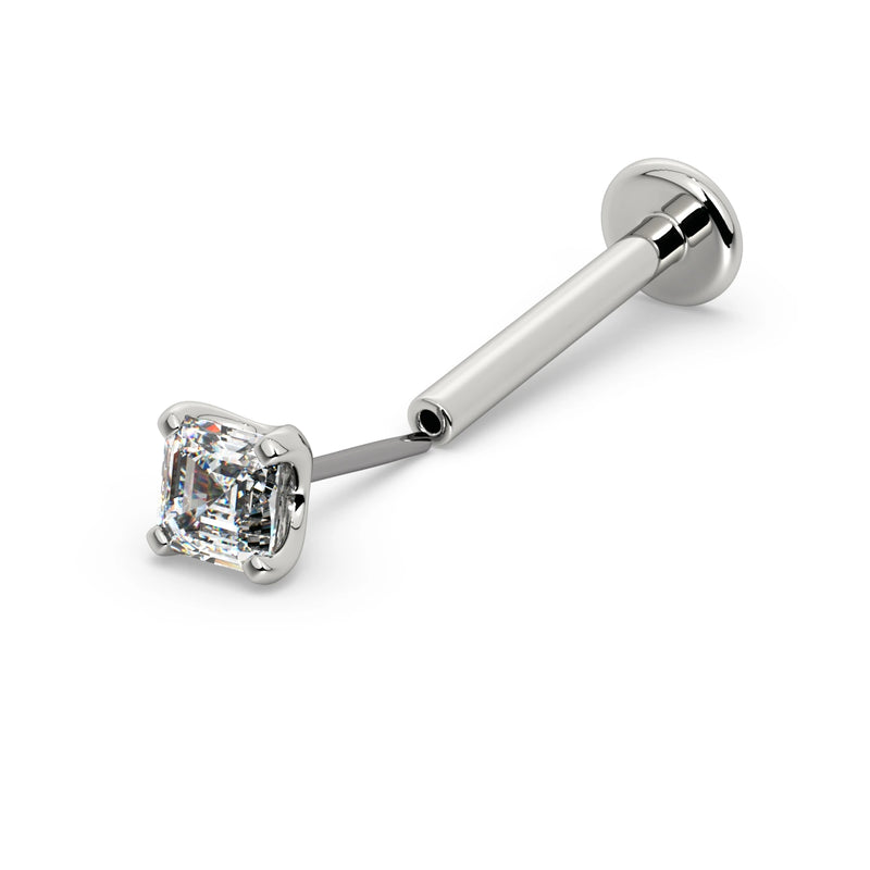 14k white gold Asscher-cut diamond threadless push-pin labret, angled view showing bent titanium pin