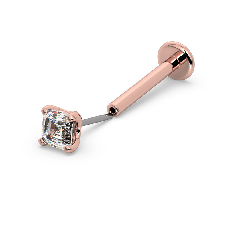 14k rose gold Asscher-cut diamond threadless push-pin labret, angled view showing bent titanium pin