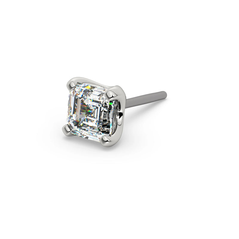 14k white gold Asscher-cut diamond push-pin end only, angled view highlighting step-cut facets