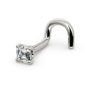 14k white gold Asscher-cut diamond nose ring, twist style, side angle showing screw post detail