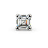 Top-down close-up of 2.3mm Asscher-cut diamond in four-prong setting, revealing stepped facets