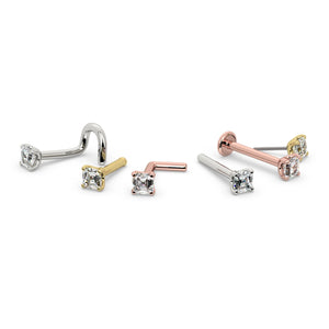14k gold Asscher diamond nose ring shown in all styles: twist, bone, L-post, and flatback across three metal colors