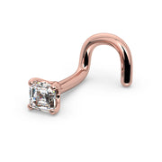 14k rose gold Asscher-cut diamond nose ring, twist style, angled view showing screw post