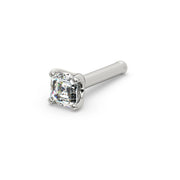 14k white gold Asscher-cut diamond nose bone stud, angled view showing ball-end straight post
