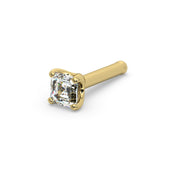 14k yellow gold Asscher-cut diamond nose bone stud, angled view showing ball-end post