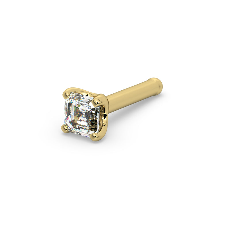 14k yellow gold Asscher-cut diamond nose bone stud, angled view showing ball-end post