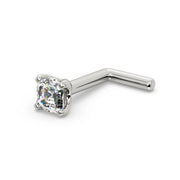 14k white gold Asscher-cut diamond L-post nose stud, side view showing 90-degree post bend