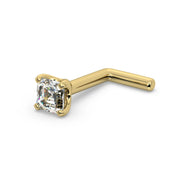 14k yellow gold Asscher-cut diamond L-post nose stud, side view showing angled post